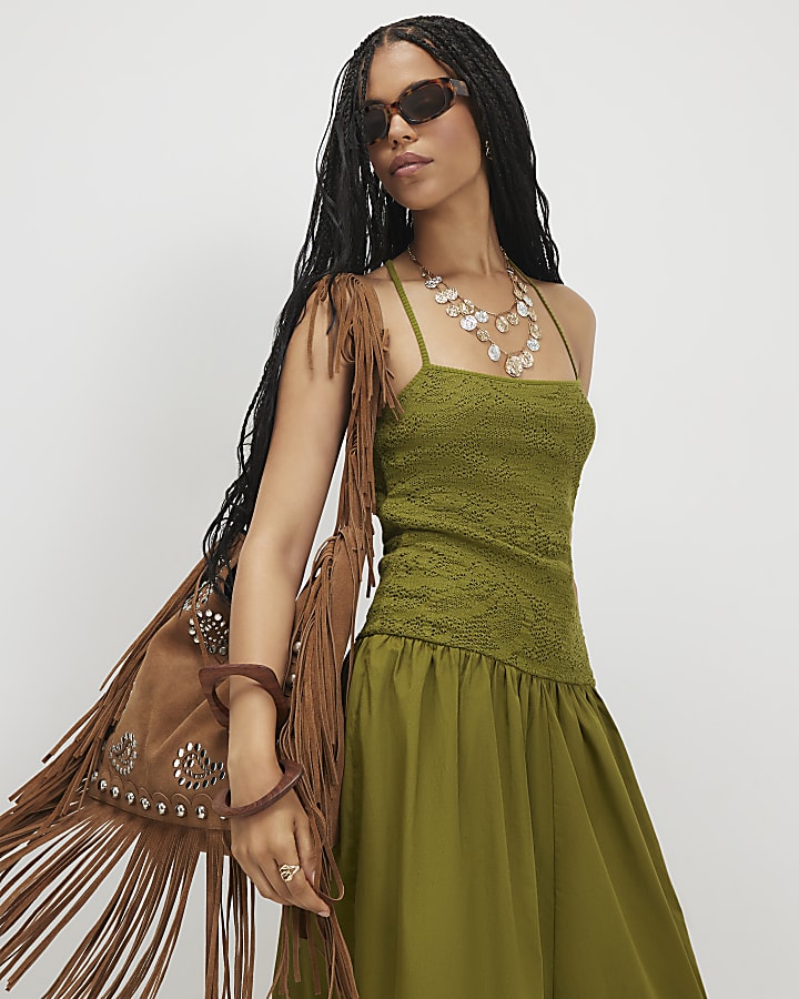 Khaki Sleeveless Lace Hybrid Midi Dress