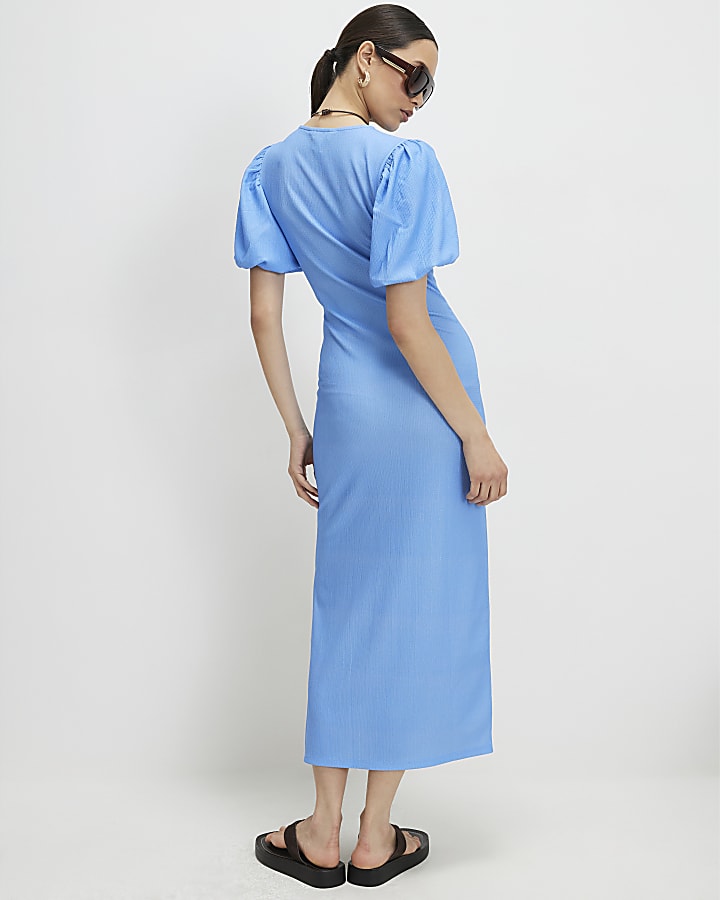 Blue Puff Sleeve Textured Midi Dress
