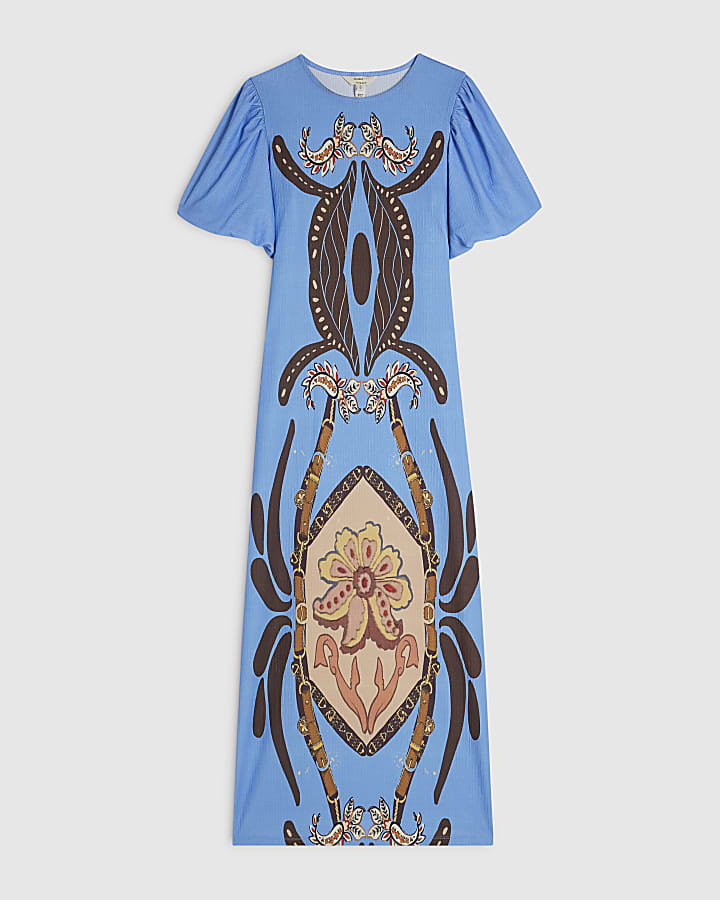 Blue Puff Sleeve Textured Midi Dress