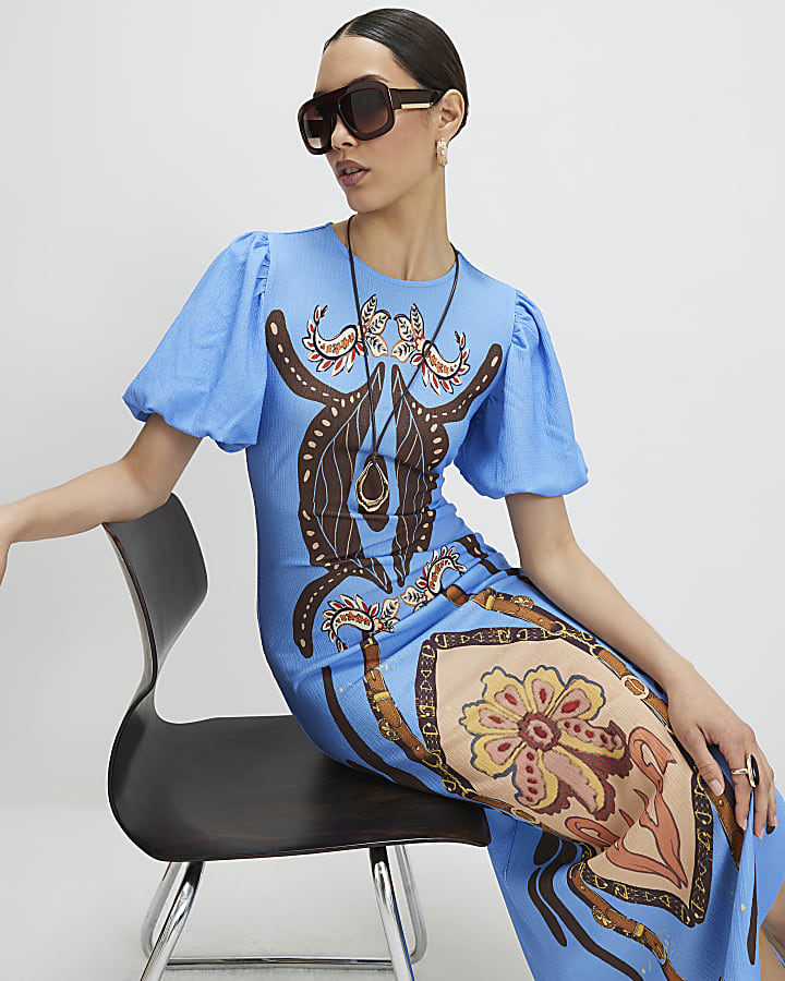 Blue Puff Sleeve Textured Midi Dress