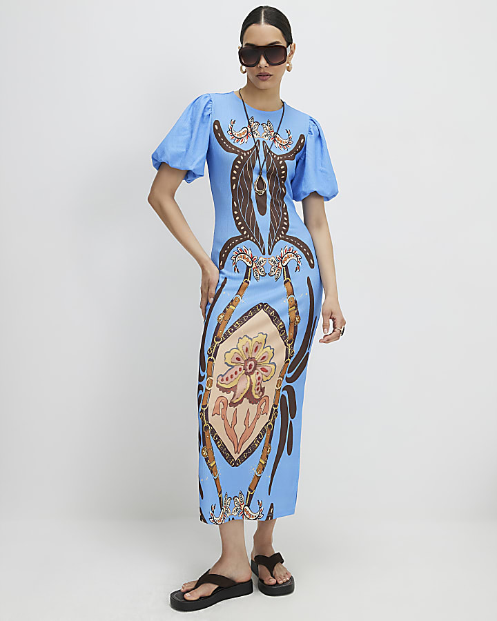 Blue Puff Sleeve Textured Midi Dress