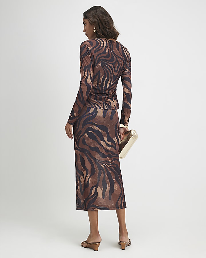 Brown Abstract Print Maxi Skirt