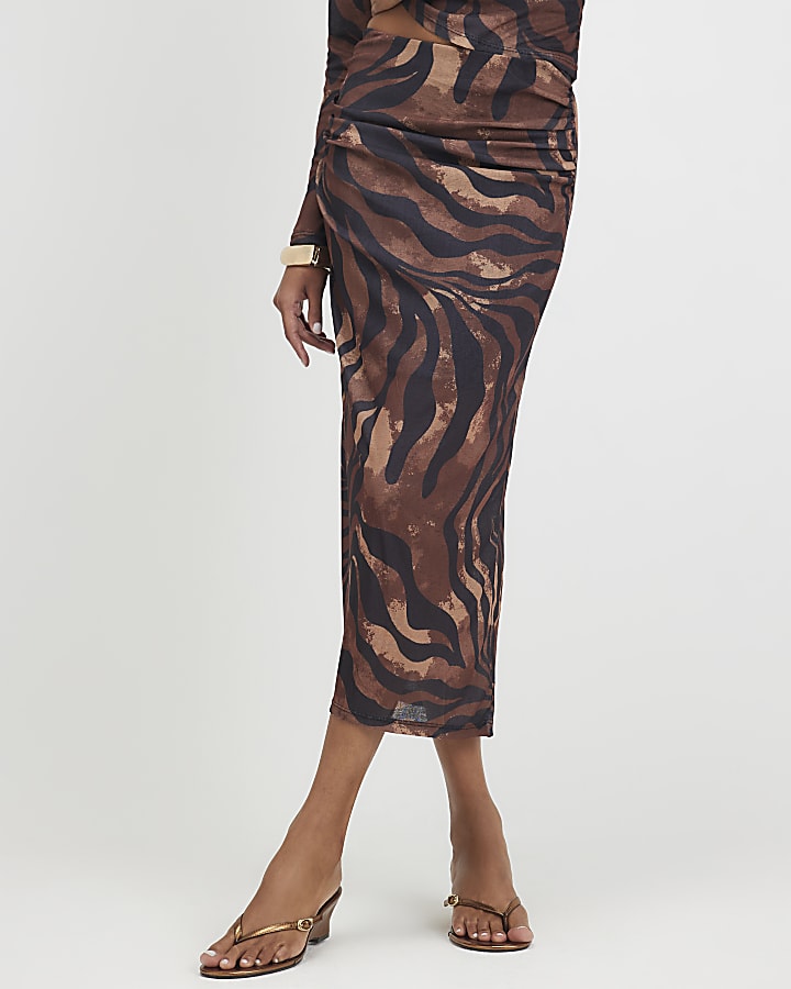Brown Abstract Print Maxi Skirt