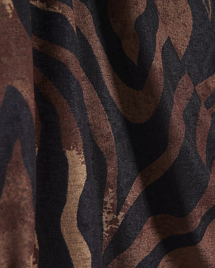 Brown Long Sleeve Abstract Print Top