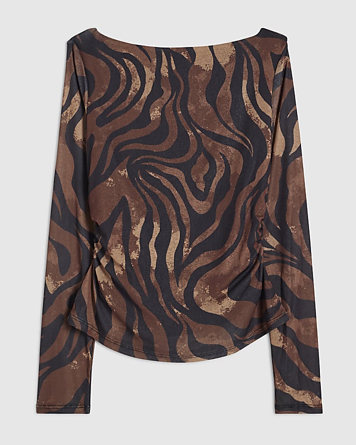 Brown Long Sleeve Abstract Print Top