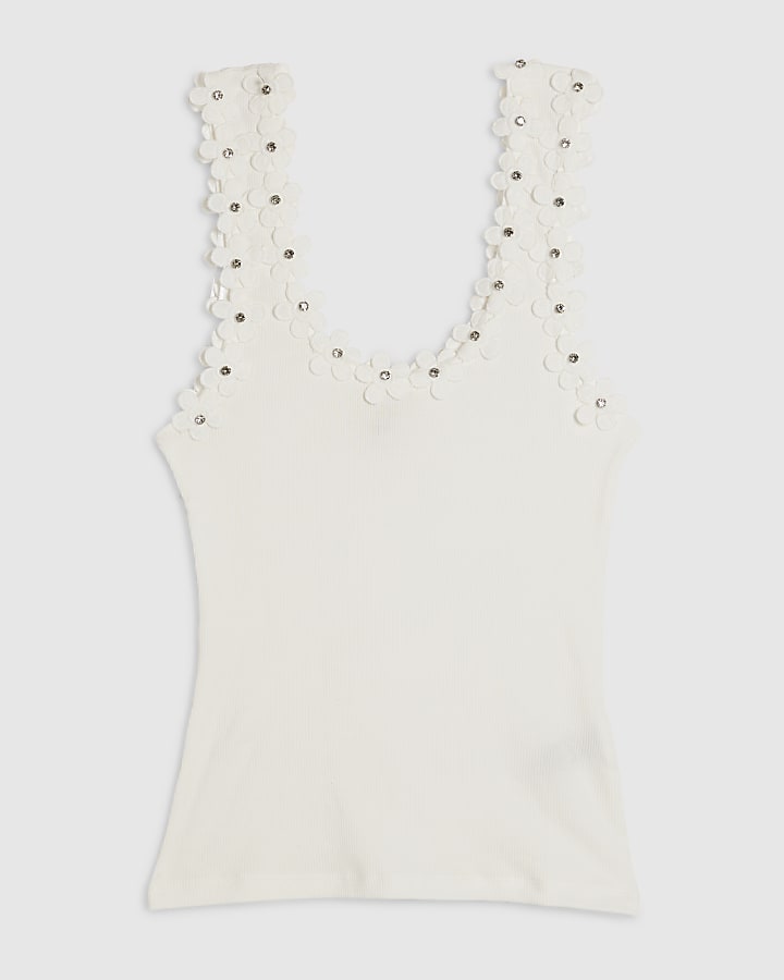 White Cotton Blend Floral Diamante Trim Tank