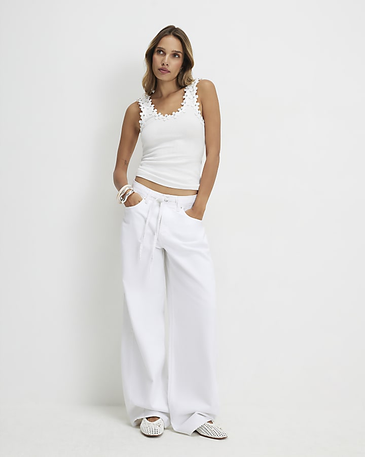 White Cotton Blend Floral Diamante Trim Tank