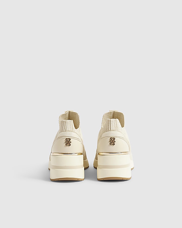 Cream Flyknit Toggle Sequin Wedge Trainers
