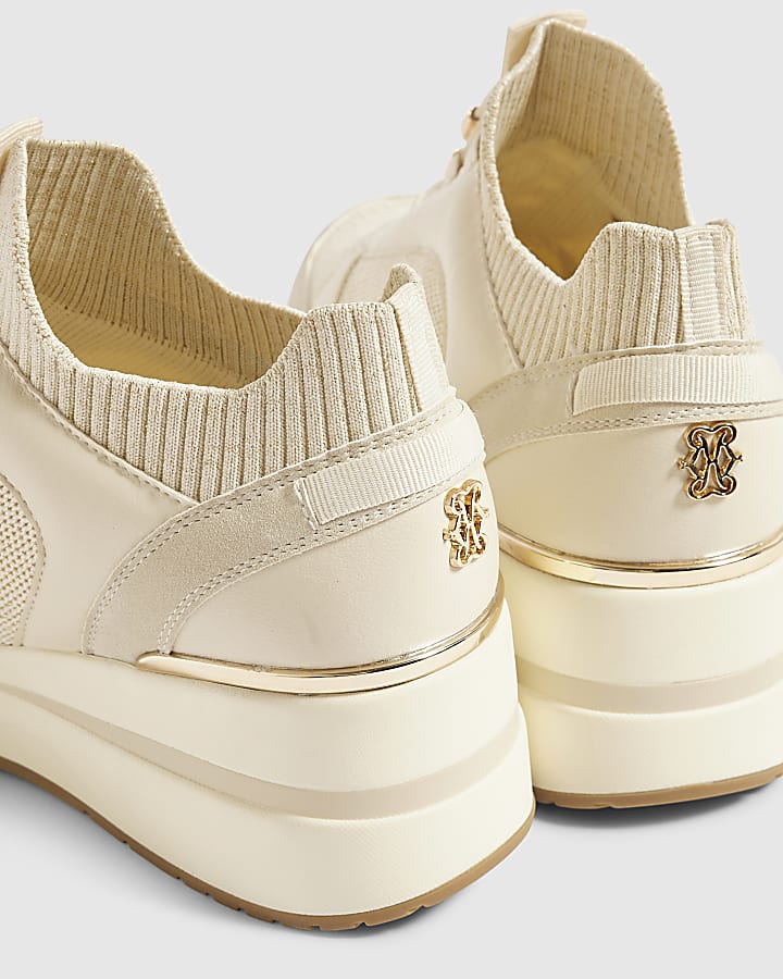 Cream Flyknit Toggle Sequin Wedge Trainers