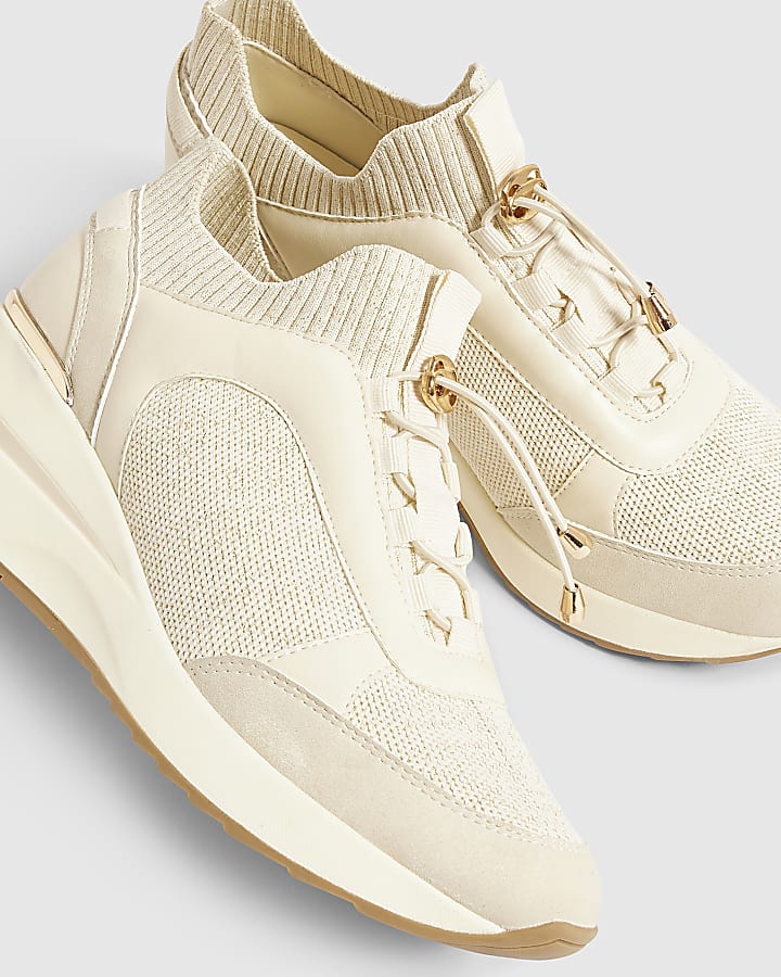 Cream Flyknit Toggle Sequin Wedge Trainers