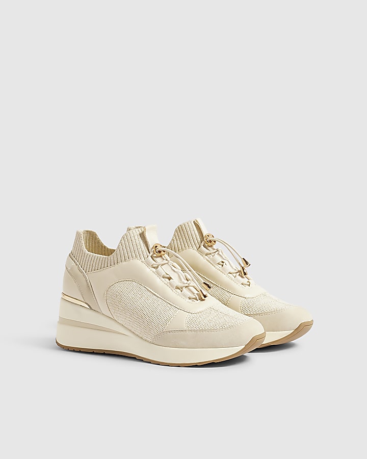 Cream Flyknit Toggle Sequin Wedge Trainers