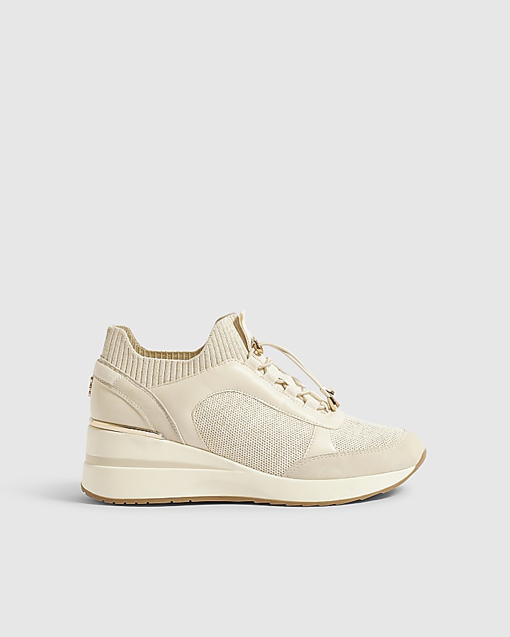 Cream Flyknit Toggle Sequin Wedge Trainers