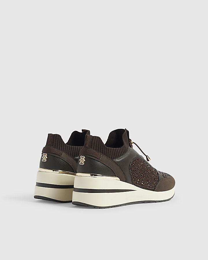 Brown Toggle Embellished Wedge Trainers