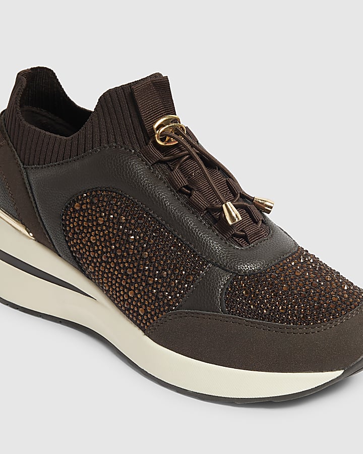 Brown Toggle Embellished Wedge Trainers