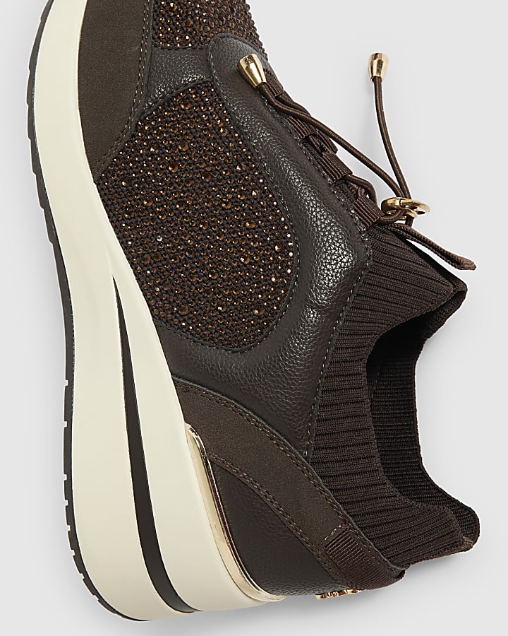 Brown Toggle Embellished Wedge Trainers
