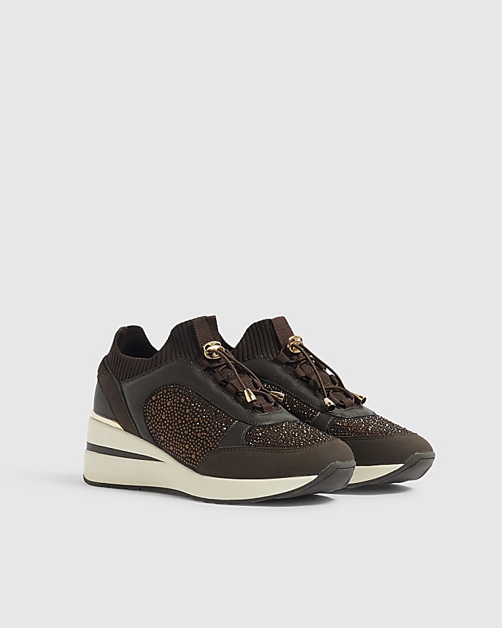 Brown Toggle Embellished Wedge Trainers