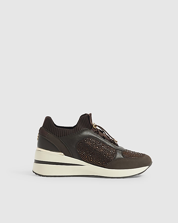Brown Toggle Embellished Wedge Trainers