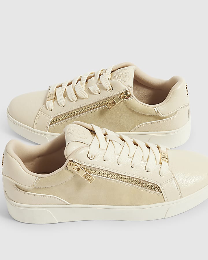 Beige Zip Side Lace Up Trainers