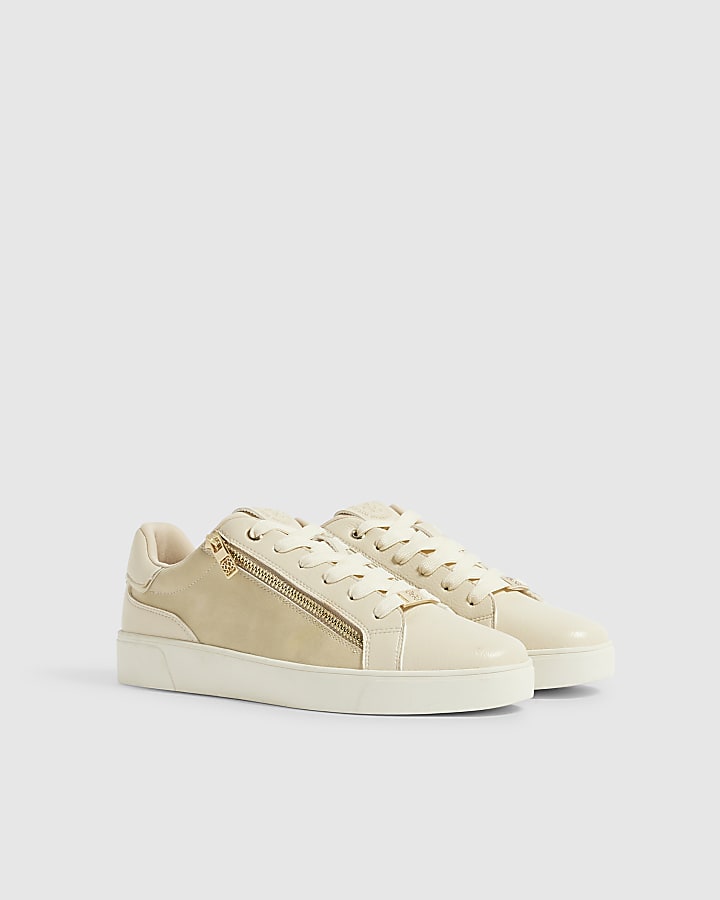 Beige Zip Side Lace Up Trainers