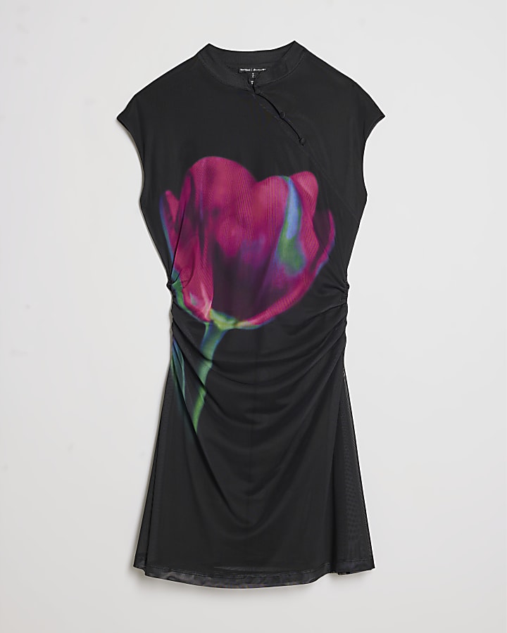 Black Mesh Floral Print Mini Dress