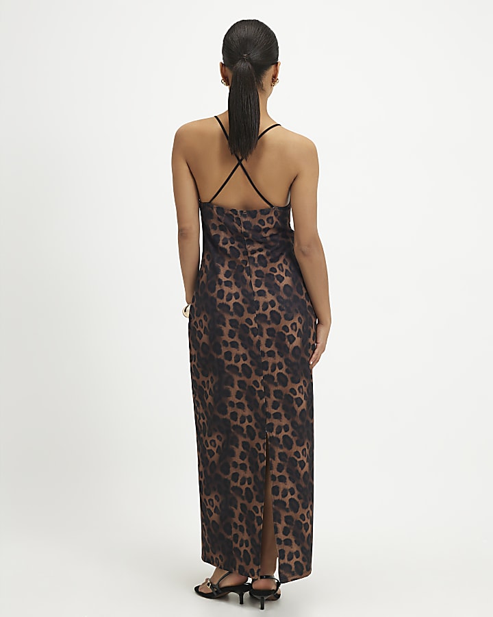 Petite Brown Leopard Lace Trim Maxi Dress