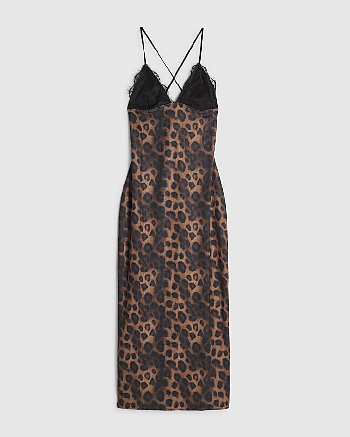 Petite Brown Leopard Lace Trim Maxi Dress