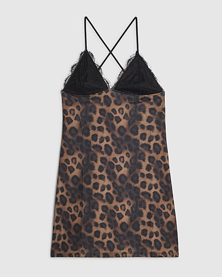 Brown Animal Print Lace Trim Mini Dress