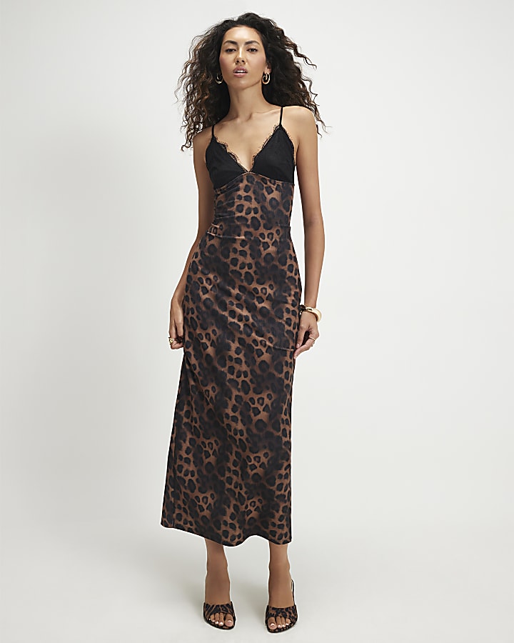Brown Lace Trim Leopard Print Maxi Dress