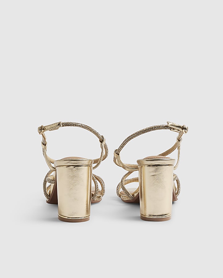 Gold Embellished Strappy Block Heel Sandals