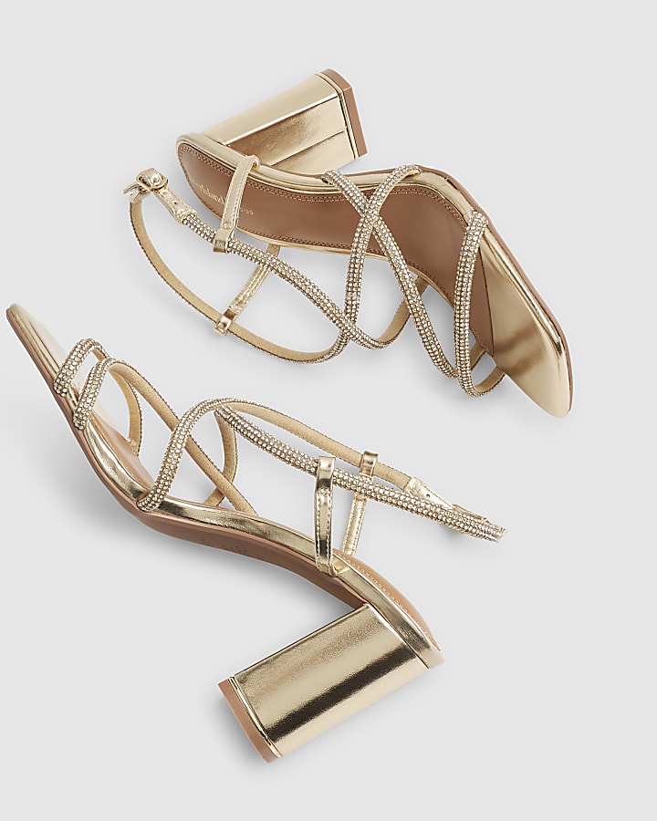 Gold Embellished Strappy Block Heel Sandals