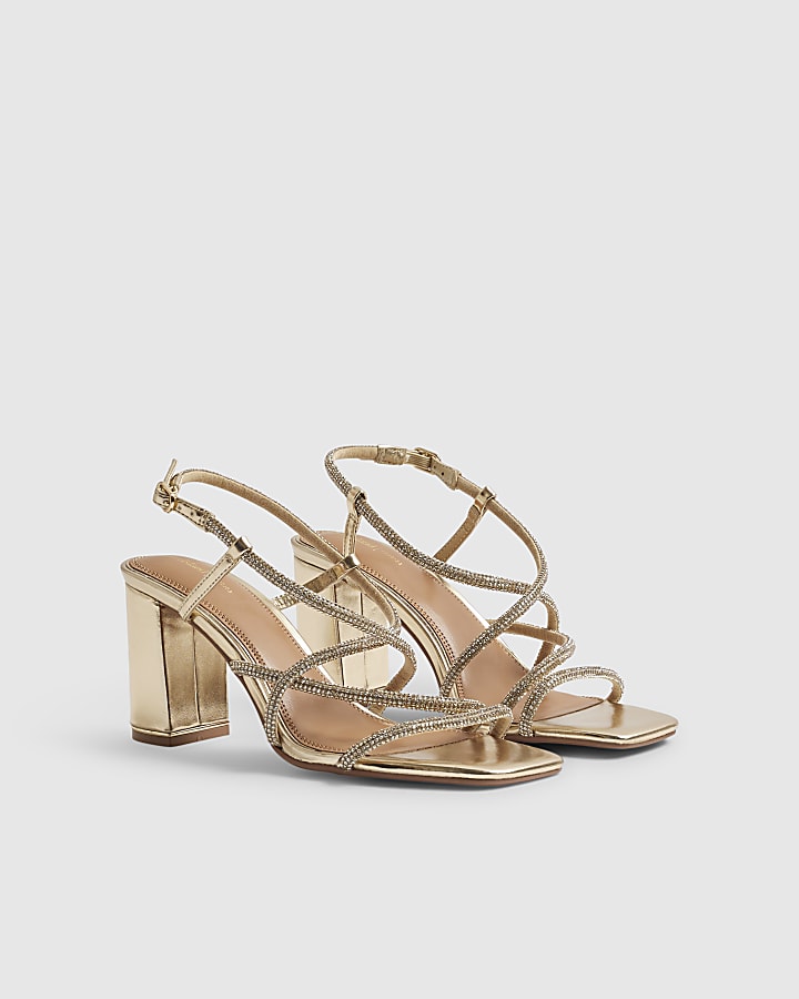 Gold Embellished Strappy Block Heel Sandals