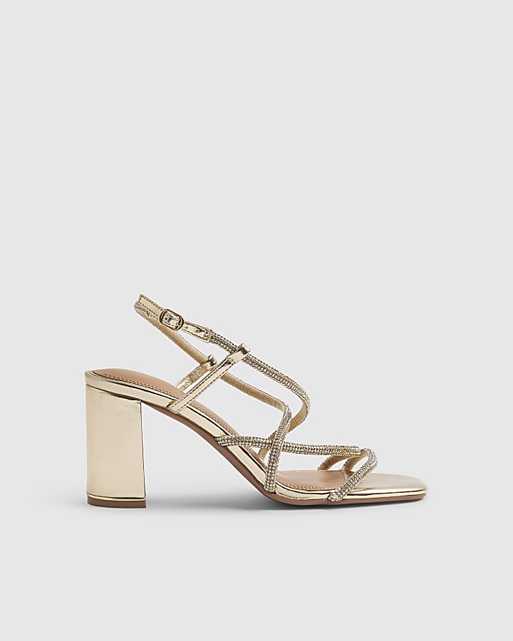 Gold Embellished Strappy Block Heel Sandals