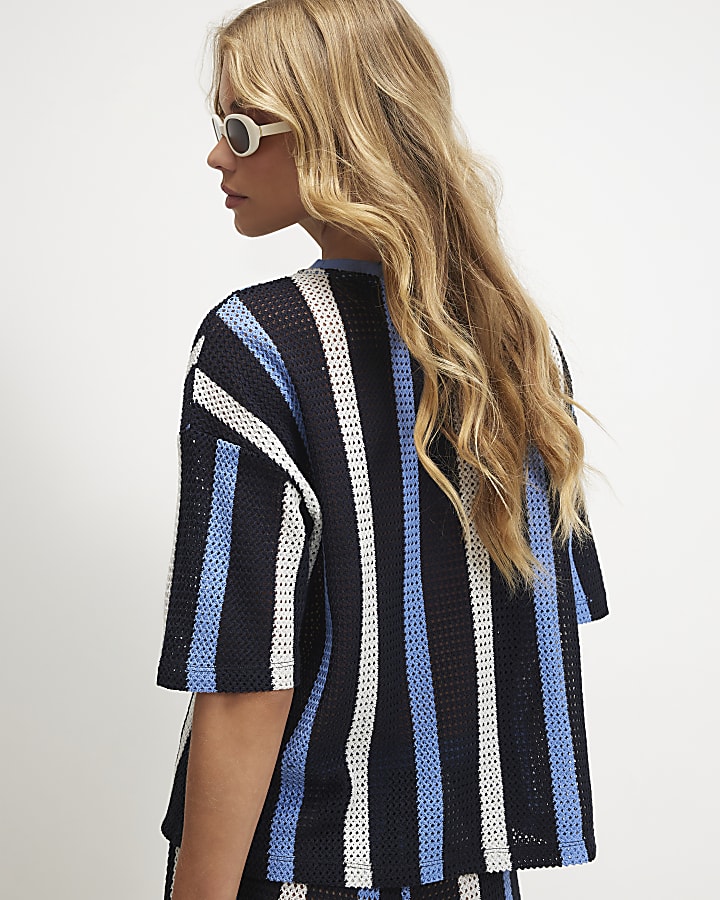 Navy Crochet Stripe Boxy T-Shirt
