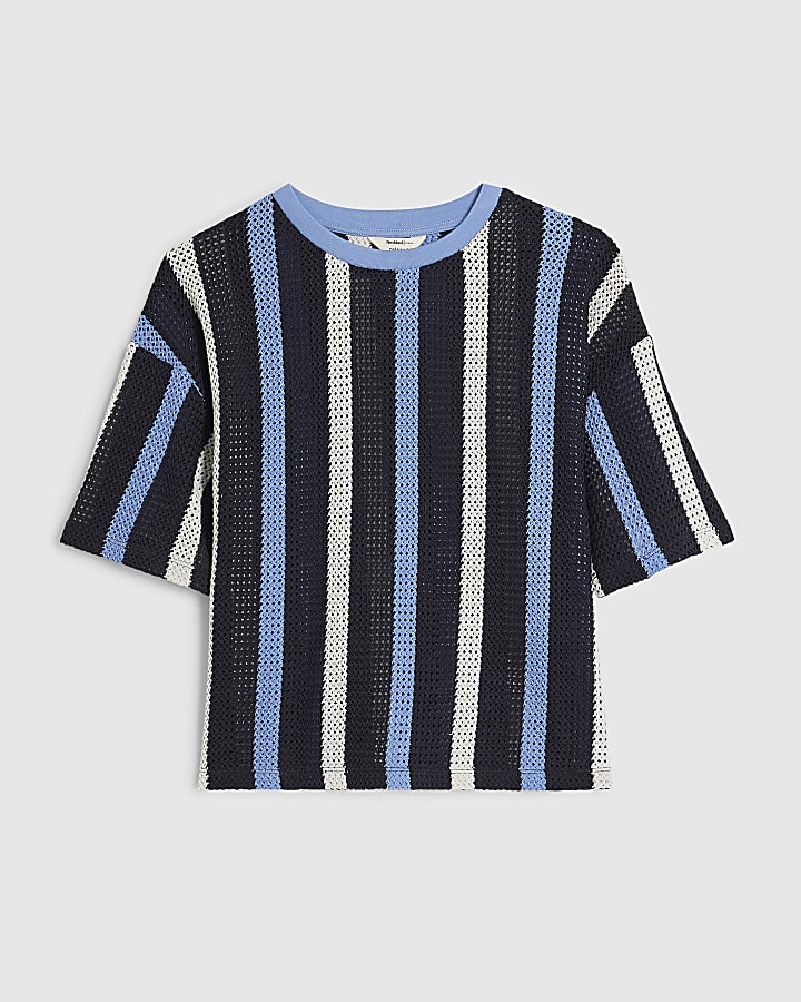 Navy Crochet Stripe Boxy T-Shirt