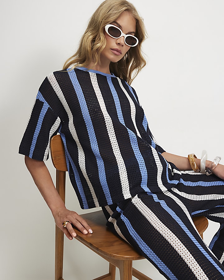 Navy Crochet Stripe Boxy T-Shirt
