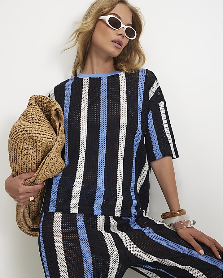 Navy Crochet Stripe Boxy T-Shirt
