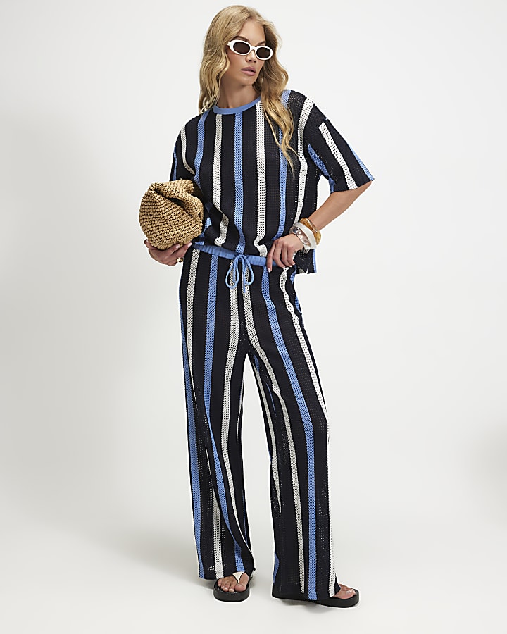 Navy Crochet Stripe Boxy T-Shirt