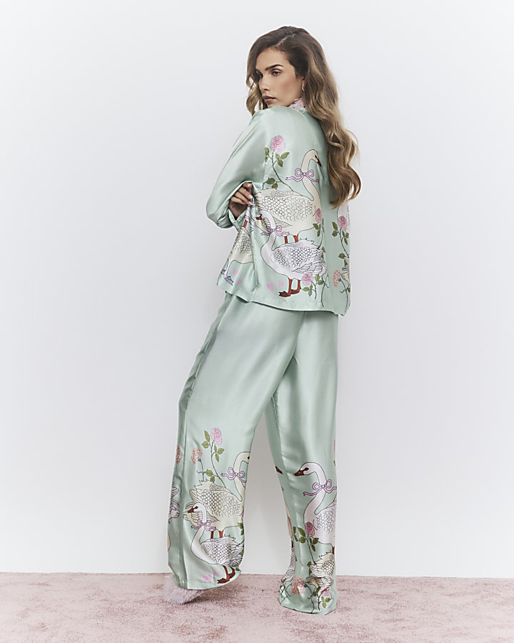 Green Satin Swan Pyjama Set