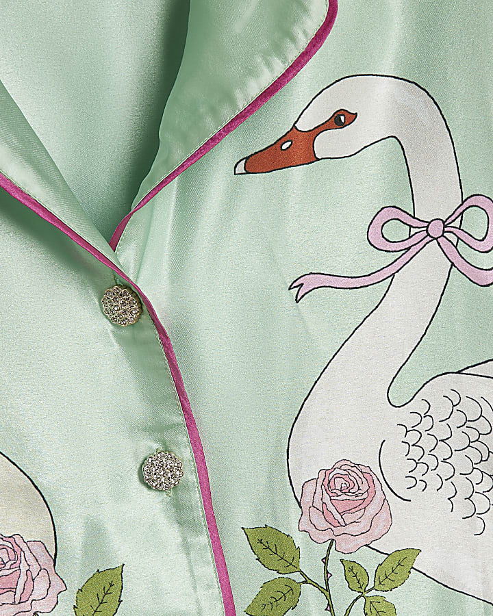 Green Satin Swan Pyjama Set