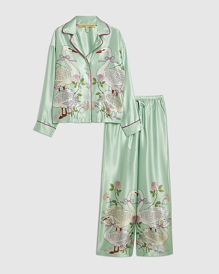 Green Satin Swan Pyjama Set