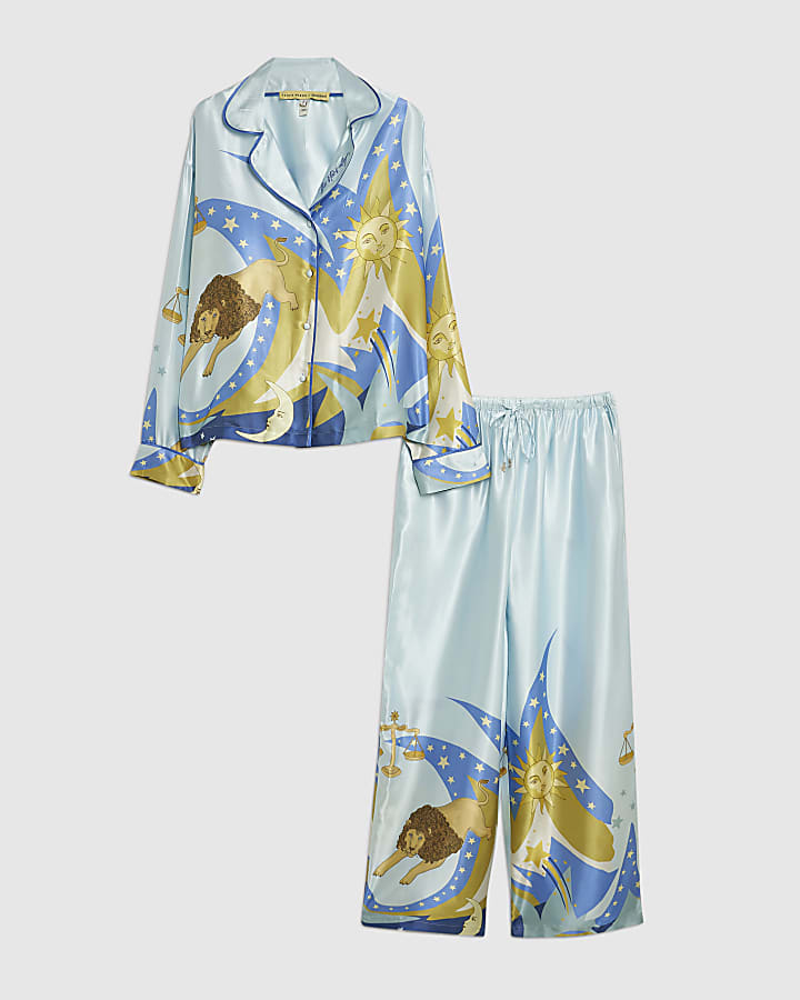 Blue Satin Astrology Pyjama Set
