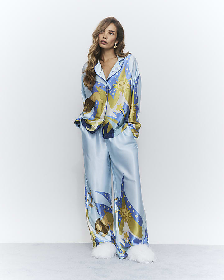 Blue Satin Astrology Pyjama Set