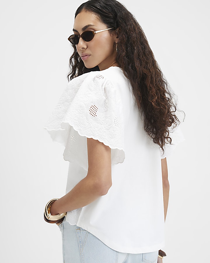 White Cotton Broderie Sleeve T-Shirt