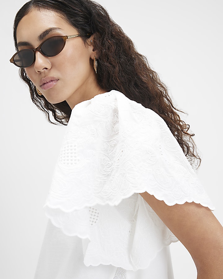 White Cotton Broderie Sleeve T-Shirt