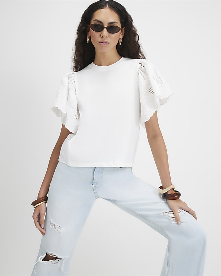 White Cotton Broderie Sleeve T-Shirt