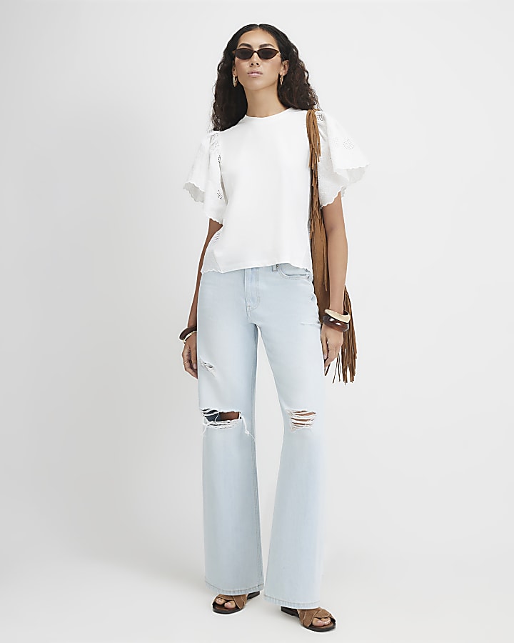 White Cotton Broderie Sleeve T-Shirt