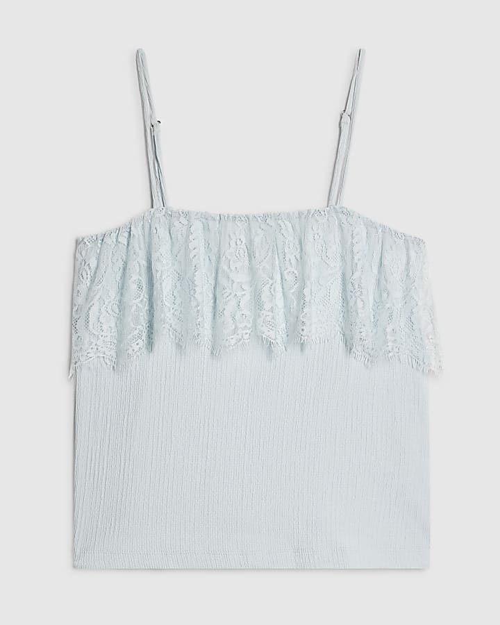 Blue Sleeveless Lace Trim Cami Top