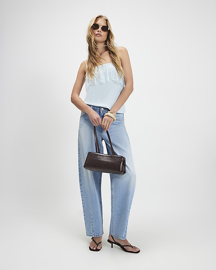 Blue Sleeveless Lace Trim Cami Top