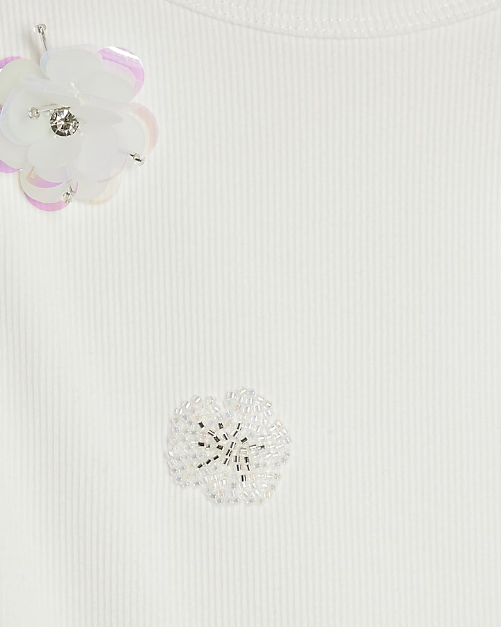 White Embellished Floral Tank Top