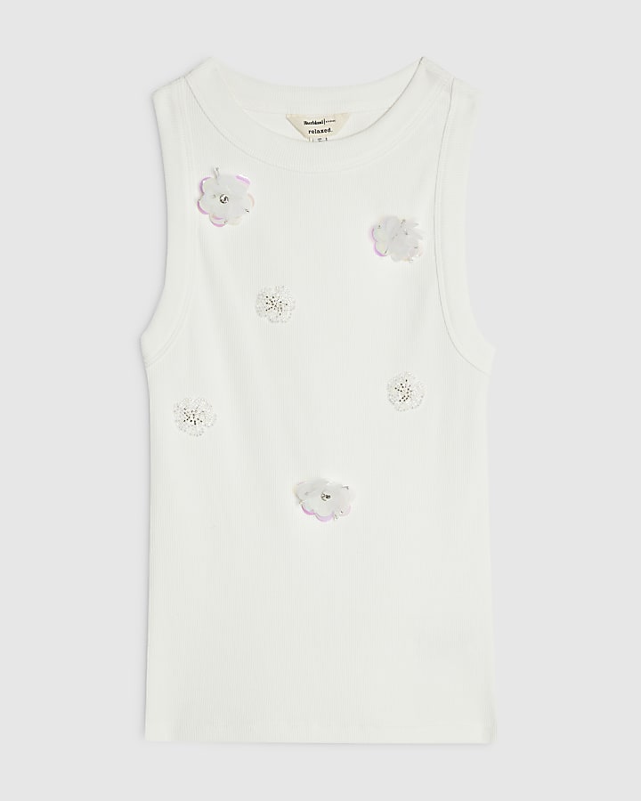 White Embellished Floral Tank Top